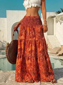 Women's Long Bohemian Print Skirt, Casual For Vacation And Everyday Wear, Spring/Summer - 焦橙色 - 查看 1