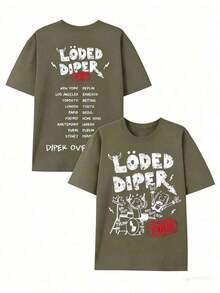 LODED DIPER Men's Casual Printed Cotton T-Shirt With Double-Sided Print, 100% Cotton, Unisex Crew Neck Summer T-Shirt - 軍綠色 - 查看 5