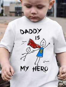 Camiseta básica cómoda para niños pequeños, con un estampado gráfico de un lindo personaje de dibujos animados, eslogan y letras.Estilo casual, creativo y minimalista.Adecuado para primavera, verano y otoño. - Blanco - Ver 8