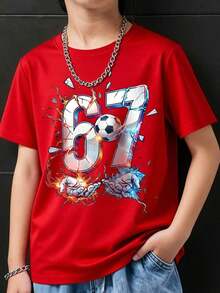 GraphicGems Boys' Basic Short Sleeve T-Shirt, Casual, Elegant, Creative, Personalized, Refreshing, Chic, Minimalist, Cool Style, With Digit 67 Football Graphic Print, Comfortable Clothing For Daily Wear, Cozy Summer And Autumn Styles, Suitable For 7 Year Olds, Graphic Clothing For Boys, Hip Hop Clothing For Boys. - 紅色 - 查看 1