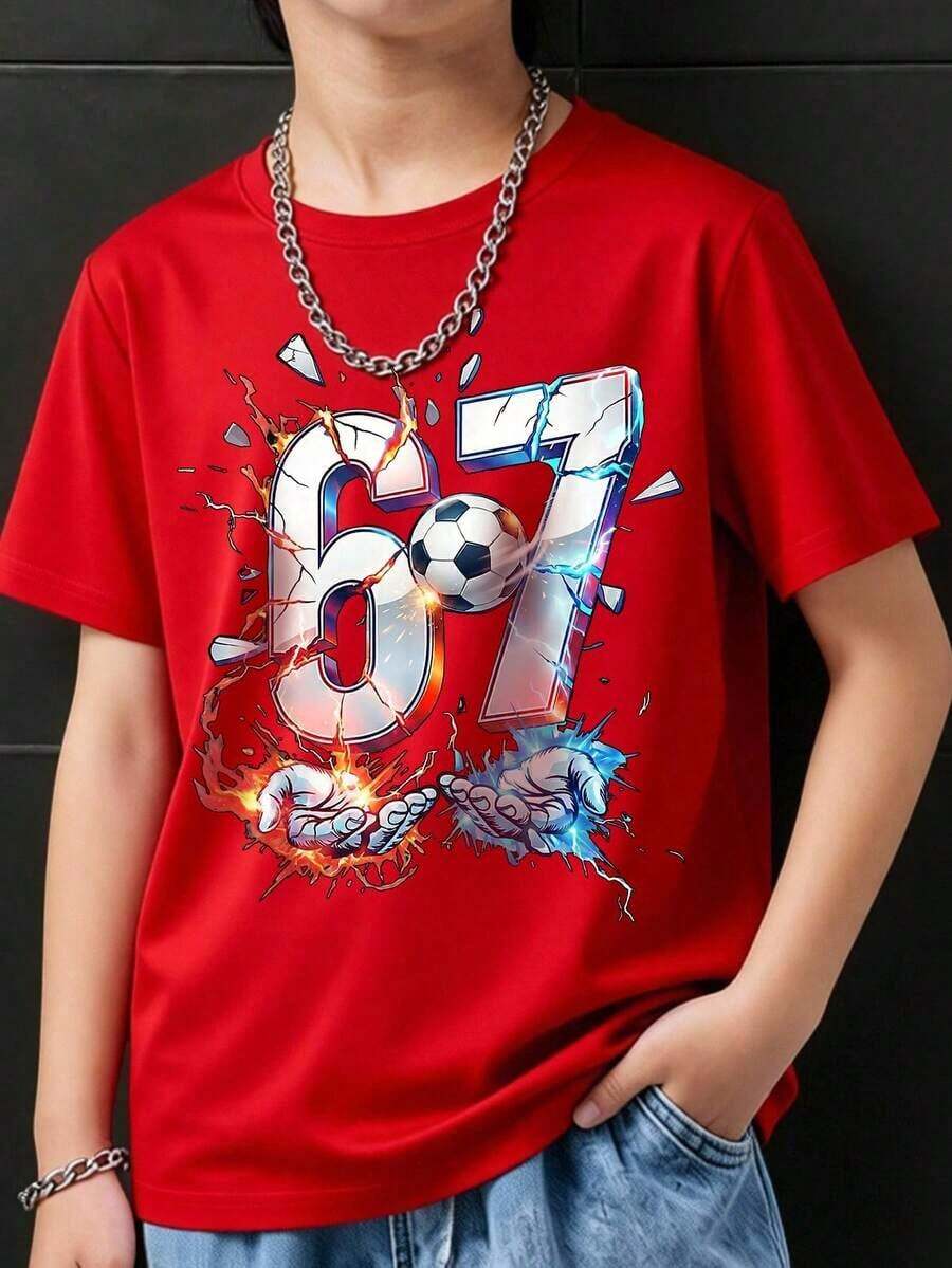 GraphicGems Boys' Basic Short Sleeve T-Shirt, Casual, Elegant, Creative, Personalized, Refreshing, Chic, Minimalist, Cool Style, With Digit 67 Football Graphic Print, Comfortable Clothing For Daily Wear, Cozy Summer And Autumn Styles, Suitable For 7 Year Olds, Graphic Clothing For Boys, Hip Hop Clothing For Boys. - 紅色 - 查看 1