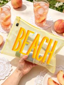 多色防水時尚網格海灘包，印有「Beach」圖案，大容量透明化妝包，海灘主題，防曬收納，適合春夏季，適用於游泳、海灘、潛水和夏季度假，學生返校，送給朋友、家人、閨蜜、同學的禮物。生日、節日、派對、婚禮（伴娘）、教師節的完美禮物和紀念品。郵輪必備，畢業、夏季度假、返校、開學禮物 - 彩色 - 查看 5