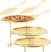 Three Tier Metal Pizza Rack Stand Set With Stainless Steel Serving Pans And Wood Handle Peels Tabletop Pizza Pan Riser Display Stand For Restaurant Party Kitchen Black 7 Piece Set - Gold - View 13