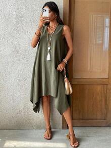 Vestido casual de mujer con estampado de muñeca y mangas cortas, atuendo de abuela, vestido casual de mujer, atuendo casual para mujer, atuendos de verano para mujer, vestido bohemio - Verde - Ver 2