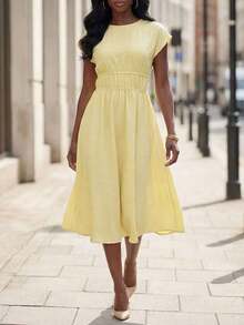 Vestido evasé de color amarillo crema con cintura fruncida, elegante para uso diario, vacaciones, primavera/verano - Amarillo - Ver 5