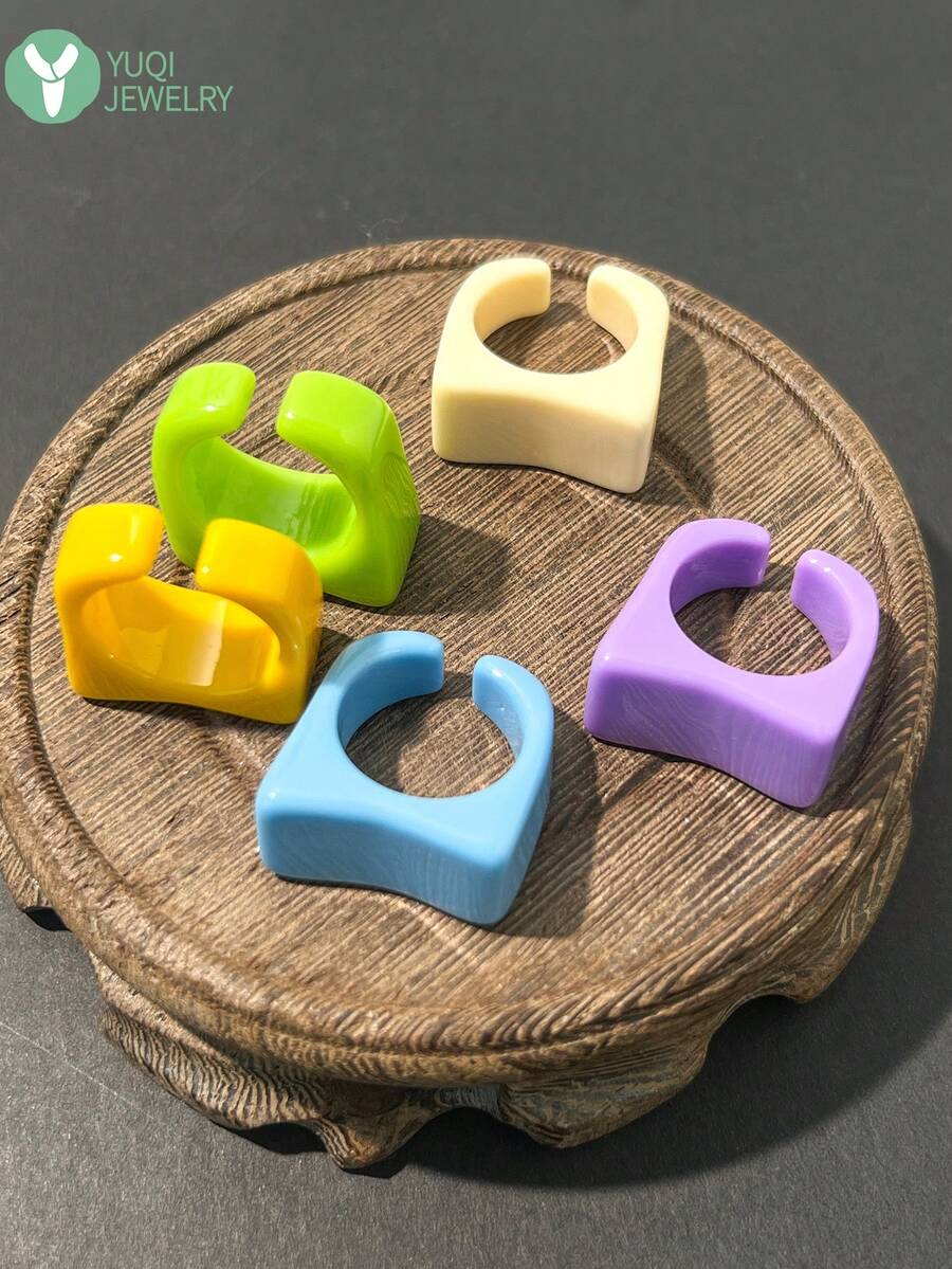 5件套全新闪亮树脂花朵戒指,彩色透明开口戒指,叠戴首饰配件 - 多色C - 查看 1