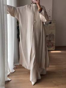 Women's Casual Minimalist Stand Collar Long Sleeve Split Hem Tunic Top And Loose Pants 2-Piece Set, Solid Color, Daily Wear, Spring/Autumn/Winter - Apricot - View 5