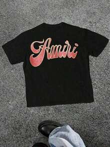 AMIRIS Short-Sleeved T-Shirt With Round Neck And Red Sequin Print Logo Y2K, 220 G, 100% Cotton, Spring Clothing, Women's Tops, Casual And Comfortable, T-Shirt, Unisex Style. - 黑色 - 查看 1