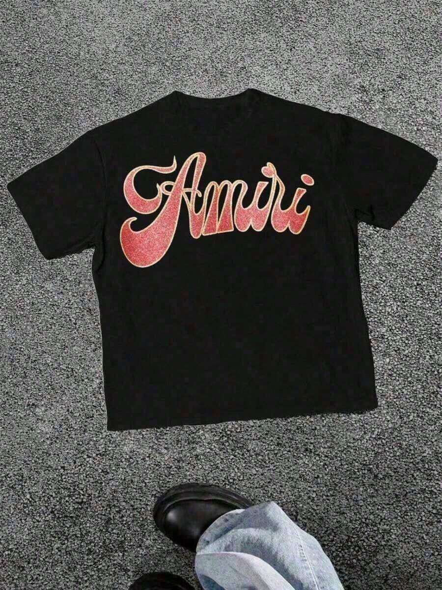 AMIRIS Short-Sleeved T-Shirt With Round Neck And Red Sequin Print Logo Y2K, 220 G, 100% Cotton, Spring Clothing, Women's Tops, Casual And Comfortable, T-Shirt, Unisex Style. - 黑色 - 查看 1