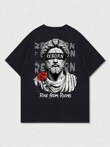 Men's Short Sleeve Crew Neck T-Shirt With Large Statue, Floral, And English Print | Exquisite Design | Summer Essential | Easy To Match - 灰色 - 查看 6
