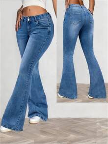 Women's Street Casual Denim Slightly Flared Jeans, Stretchy Slightly Flared Jeans, Basic Jeans For All Seasons, Suitable For Everyday Wear, Parties, Gatherings, Music Festivals, Everyday Wear, Street Style Outfits - 藍色 - 查看 2