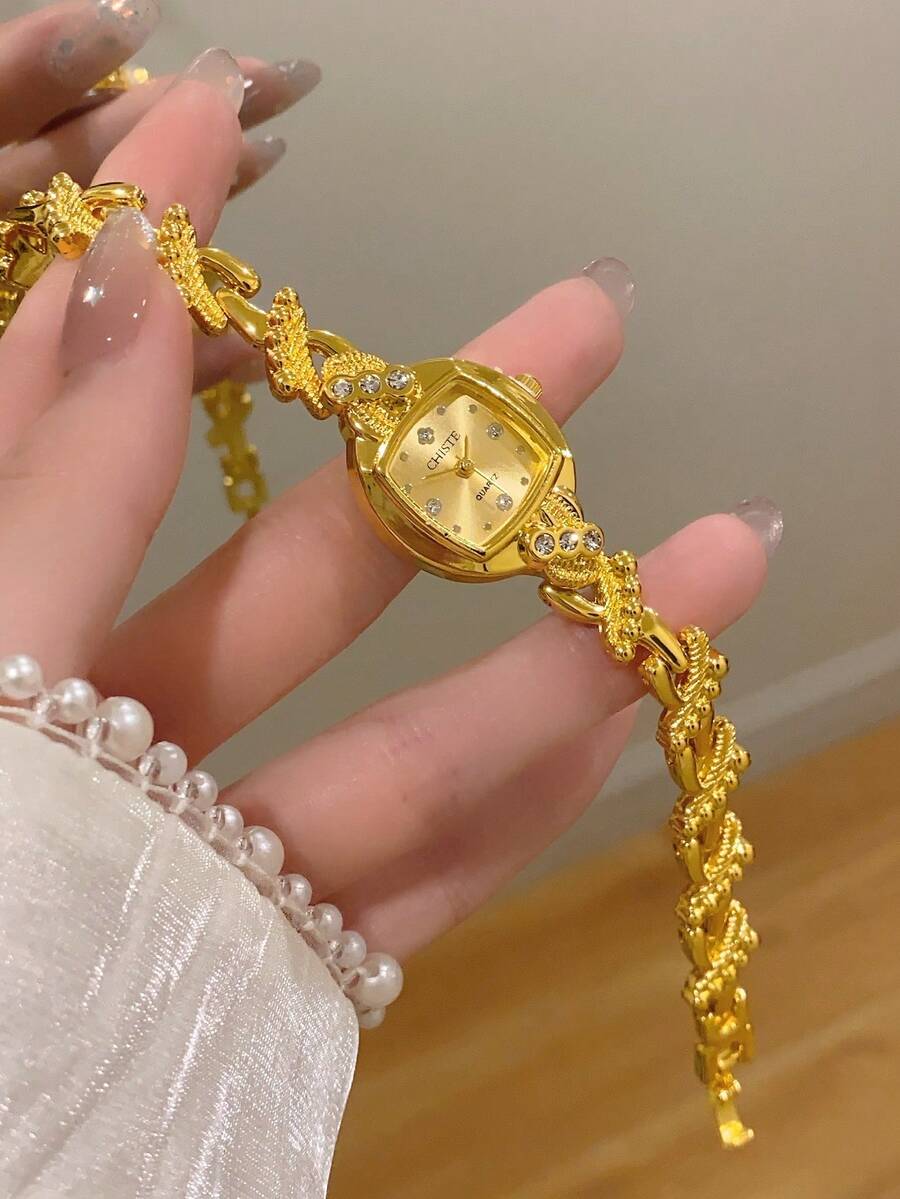 1件時尚創意百搭小巧個性女款橢圓石英手錶 橢圓簡約錶盤 貝殼面盤 適合日常佩戴 - 金色 - 查看 1