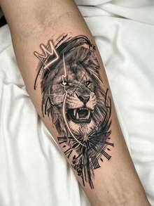2 Sheets Big Size Body Art Temporary Tattoo Stickers For Men, Black Realistic Sketch Lion Mixed Pattern, Waterproof Fake Tattoo, Lasts 2-5 Days, Covering Scars,Can Be Used On Arms Wrist Shoulders Legs Waist Neck Hand Chest Thighs Finger Ankle, Suitable For Parties, Gifts, Vacations, Body Decoration - Black - View 3