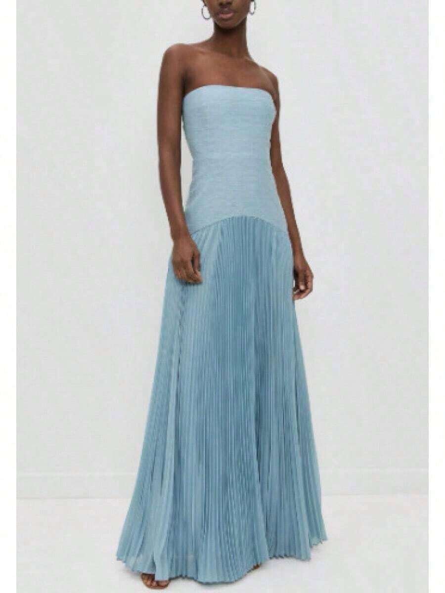 Summer Dresses For Women2026 New Fashion European And American Women Strapless Striped Pleated Dress Casual Summer Sleeveless Mini Dress Party Wear Beach Holiday Outfitdresses For Women - 4 màu xanh lam - Xem 1