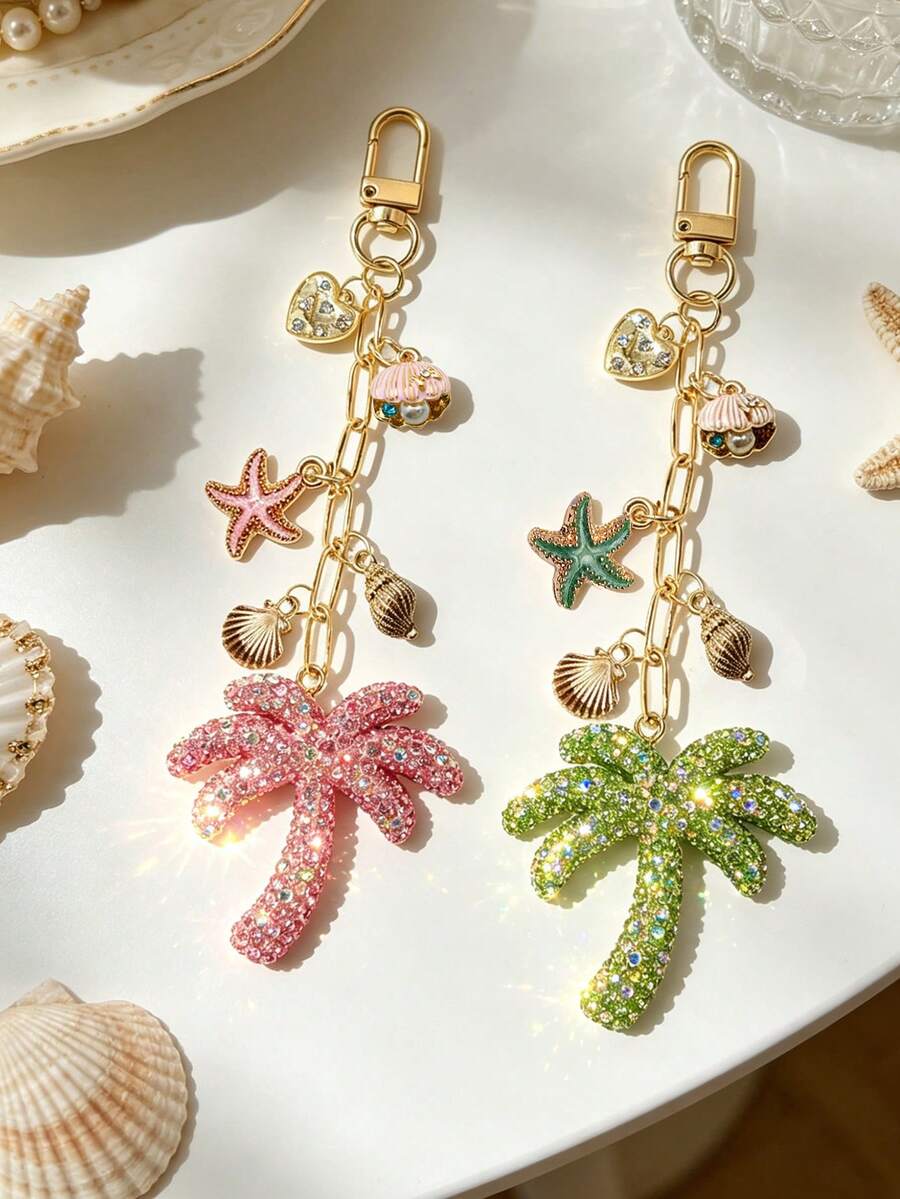Full Rhinestone Coconut Tree Coconut Tree Pendant With Shell, Coconut Water, Starfish Elements - Bohemian Vacation Style. Alloy Ocean Pendant, Hawaiian Style. Suitable For Backpack, Wallet Decoration - Multicolor - View 1