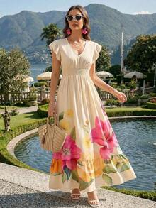 xheEllevyn Vestido largo elegante de mujer con cintura fruncida y volantes, vestido de verano para vacaciones, vestido para citasxhe - Multicolor 5 - Ver 11