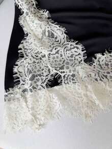Women's Casual And Elegant Loose Silk T-Shirt With Beige Lace, Ideal For Travel And Holidays, Perfect For Music Festivals And Spring/Summer Wedding Season - 黑色 - 查看 8