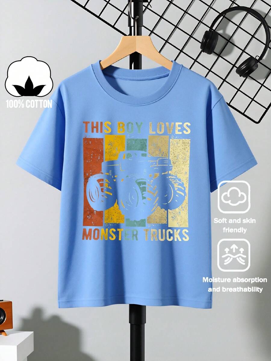 Boys' T-Shirt "This Boy Loves Monster Trucks" 100% Cotton, Soft And Comfortable For Everyday Wear, Suitable For Home, Outdoors And Sports Activities, Comfortable And Breathable - 藍色 - 查看 1