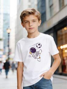 Black Short-Sleeved T-Shirt For Boys, Casual Urban Style, With  Graphic Of An Astronaut Playing Football, Children's Clothing For Boys Aged 5 To 13 Years - 灰色 - 查看 1