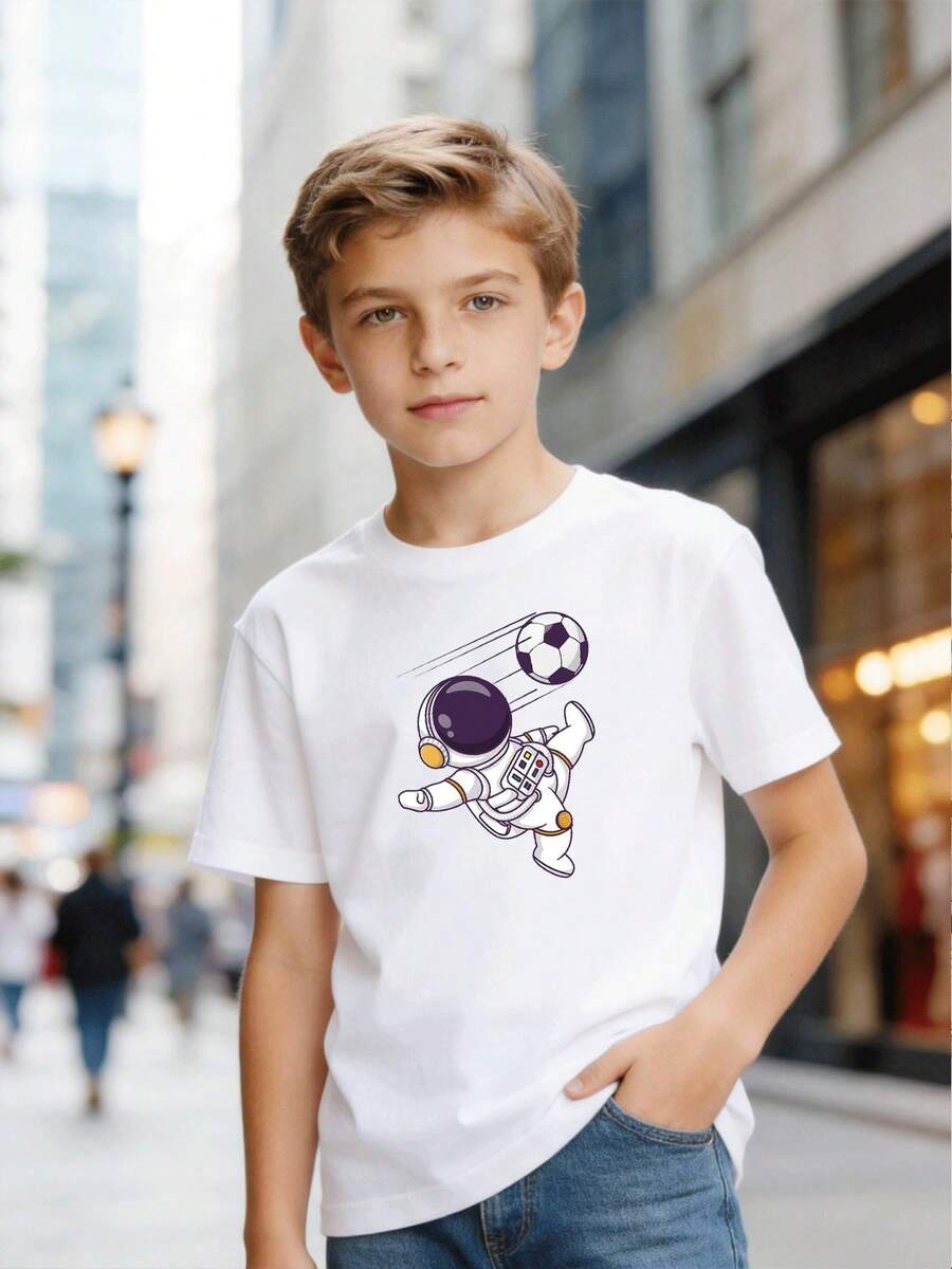 Black Short-Sleeved T-Shirt For Boys, Casual Urban Style, With Graphic Of An Astronaut Playing Football, Children's Clothing For Boys Aged 5 To 13 Years - 灰色 - 查看 1