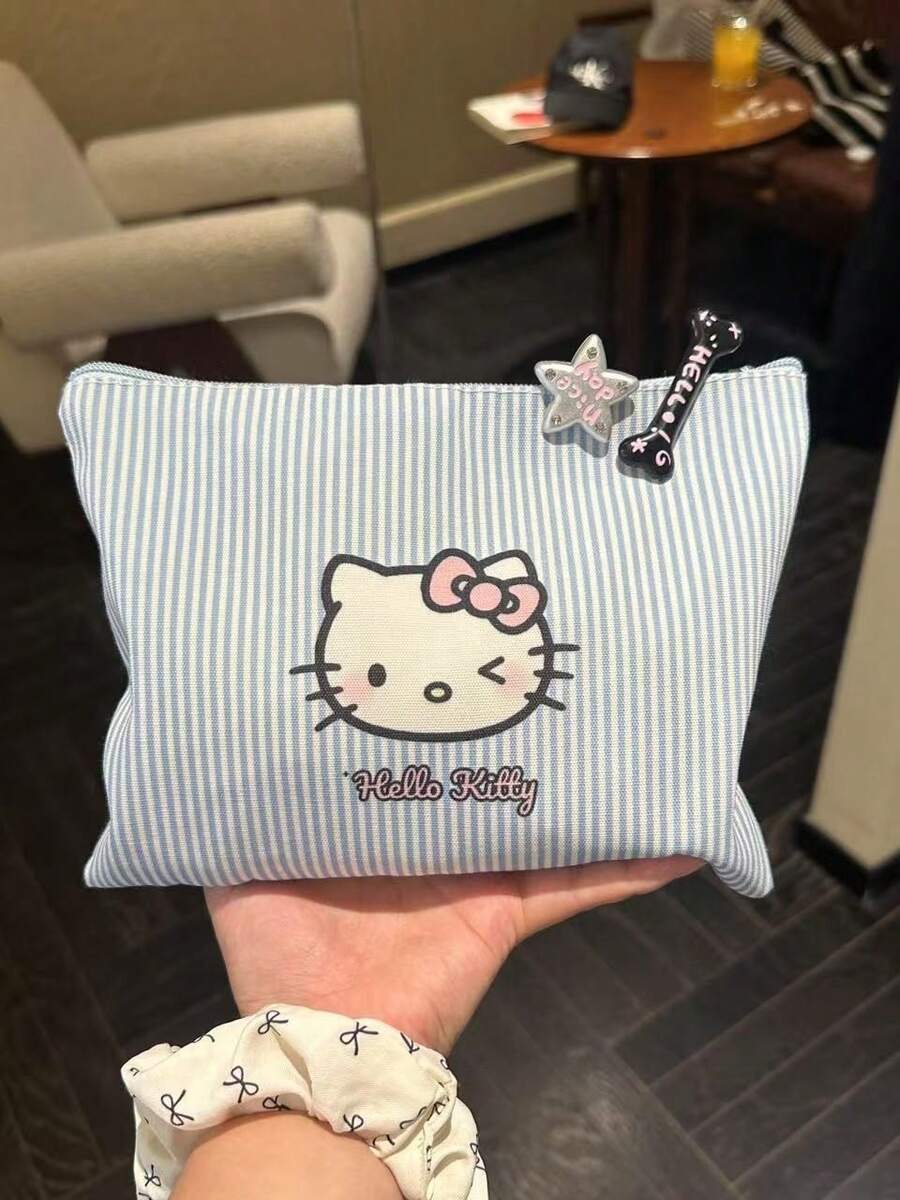 SANRIO Hello Kitty Cosmetic Bag, Striped KT Bag, Casual, Simple, Large-Capacity Clutch Cosmetic Bag, Multi-Functional Cartoon Portable Storage Bag, Durable, Hair Clip Not Included, Vanity Case - Multicolor - View 1