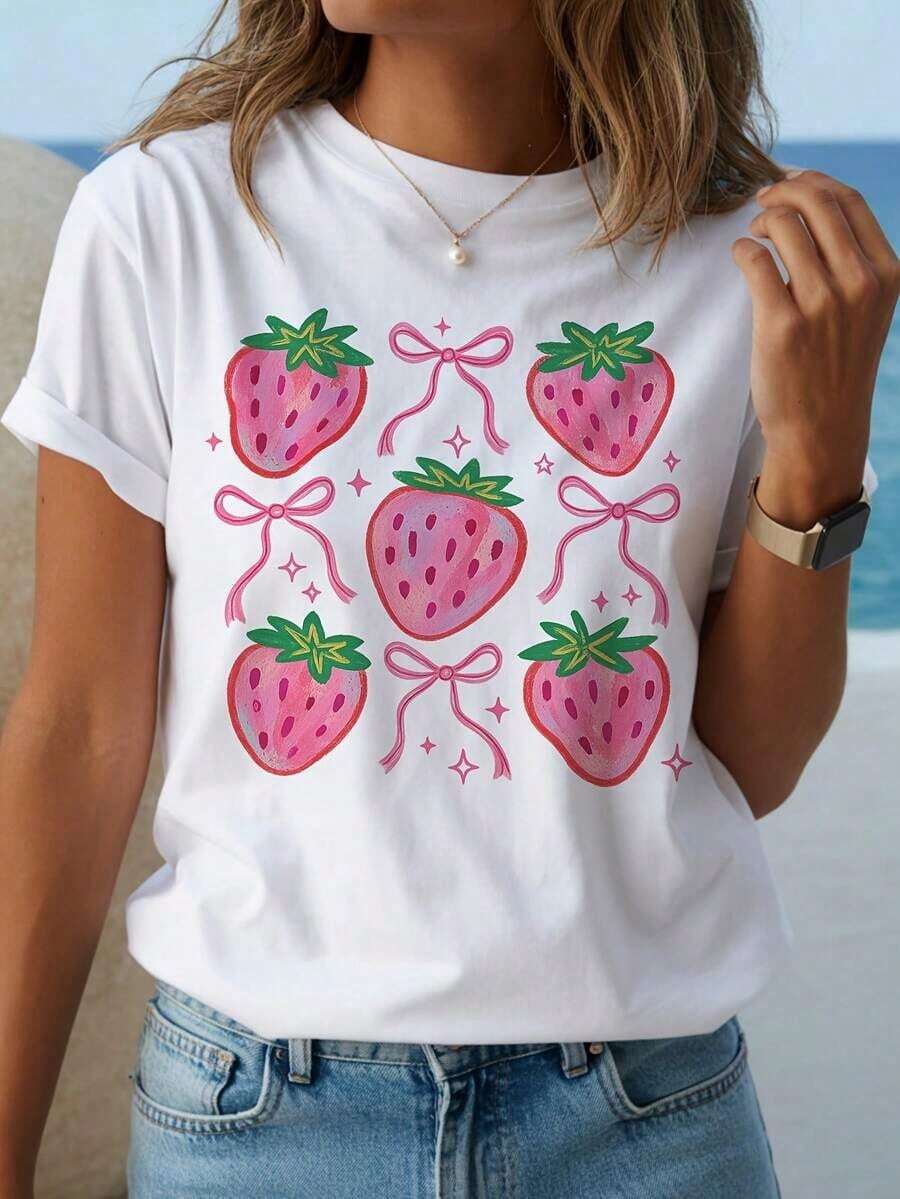 FittedTops Women's Y2K, Cute Strawberry Print T-Shirt - Red Strawberries And Pink Bow, Soft And Lightweight Short Sleeve Top, Casual White Beach Shirt For Summer, Suitable For Spring And Autumn, Cute Loose Fit Strawberry Print Summer T-Shirt - 白色 - 查看 1