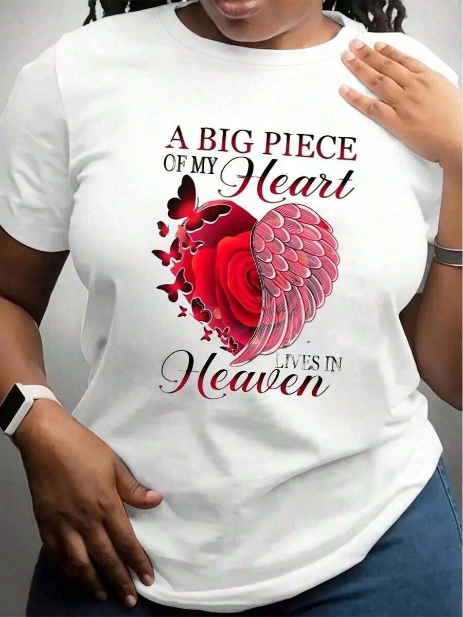 Fashion 1 Piece White T-Shirt With Red Rose Heart And Wings Design A Big Part Of My Heart Lives In Heaven Print For Memorial And Remembrance Occasions G 100% Soft Cotton Women's Simple Solid Color T-Shirt, Loose And Slim Fit Casual Short Sleeve - 白色 - 查看 1