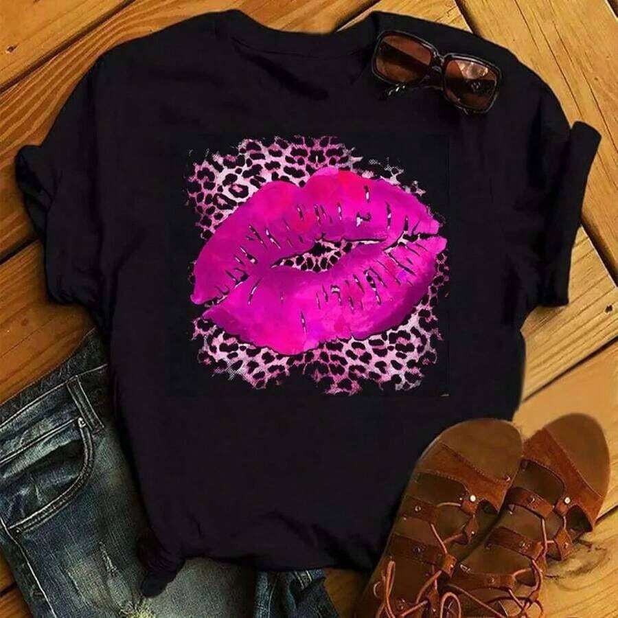 New Women's T-Shirt With Pink Lips And Leopard Print, Casual Style, Round Neck, Sexy, Black, With Kiss Design, Fun, For Girls, Dropshipping - 黑色 - 查看 1