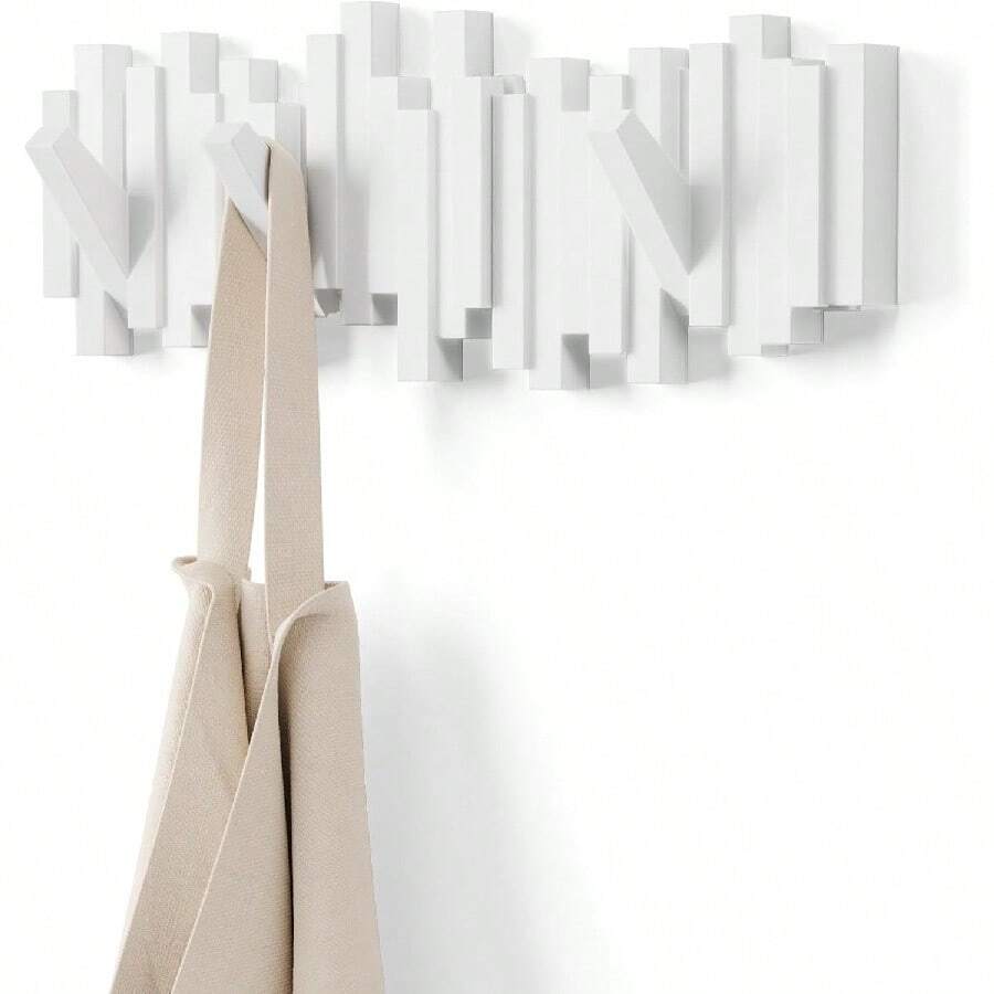 White Space Saving Wall Coat Rack With 5 Retractable Pegs Modern Entryway Hanger Organizer For Clothes Hats Bags - 白色 - 查看 1