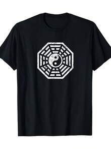 Men's 100% Cotton T-Shirt With Taoist Yin Yang Symbol And Bagua Trigrams - Casual Black Short-Sleeve T-Shirt, Regular Fit For Martial Arts And Spiritual Philosophy Enthusiasts - 黑色 - 查看 6