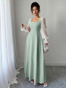 Vestido de mujer con parches tejidos, decoración de lazo y cintura ceñida - Verde - Ver 5