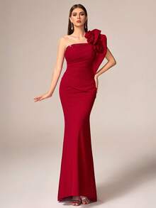 VIPGIRL New Arrival Burgundy One Shoulder Elegant Formal Gown With 3D Floral Decor, Sequin Patchwork And Ruffle Design, High-End Ladies Evening Dress - Burgundy - View 5
