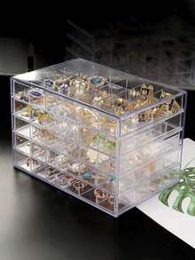 1pc Transparent Plastic Jewelry Box Drawer Style Multi-Layer Earring Ring Accessory Dust-Proof Display Storage Case With 120/72 Grids, Gift For Valentine's Day - Clear - View 2
