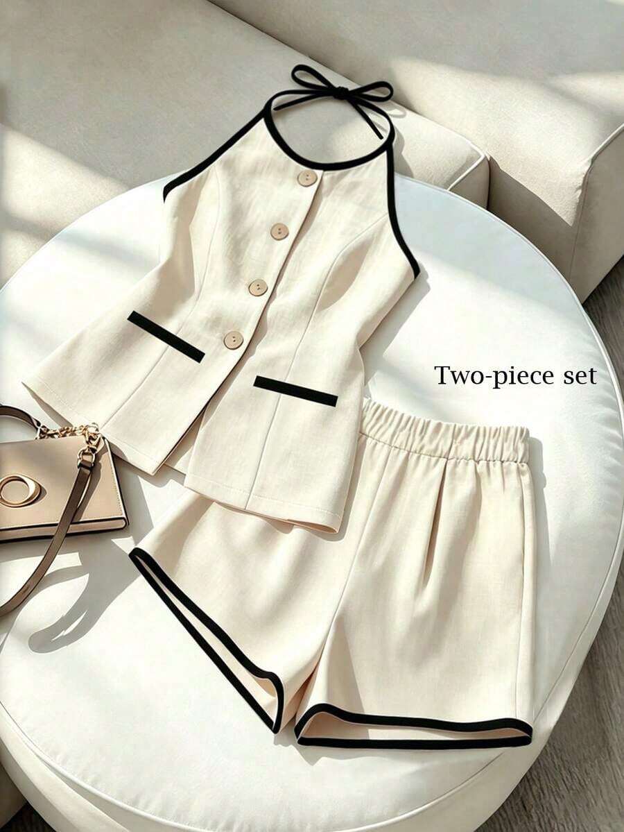 Conjunto casual diario de top con bloqueo de color y lazo en el cuello, y shorts para mujer - Albaricoque - Ver 1