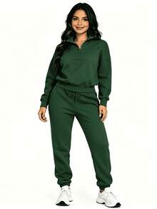 Women's Two-Piece Tracksuit With Half Zip And Matching Pants - 綠色 - 查看 8