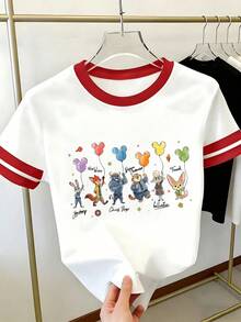 Disney Women's Zootopia Full Gang Mickey‑Shaped Balloon Ringer T‑Shirt - Official Licensed / Print With Zootopia Main Characters, Colorful Mickey Balloons & Character Signature Details, Casual Summer Outfits Suitable For Birthdays, Gifts, Theme Park Vacation Wear - 白色 - 查看 2