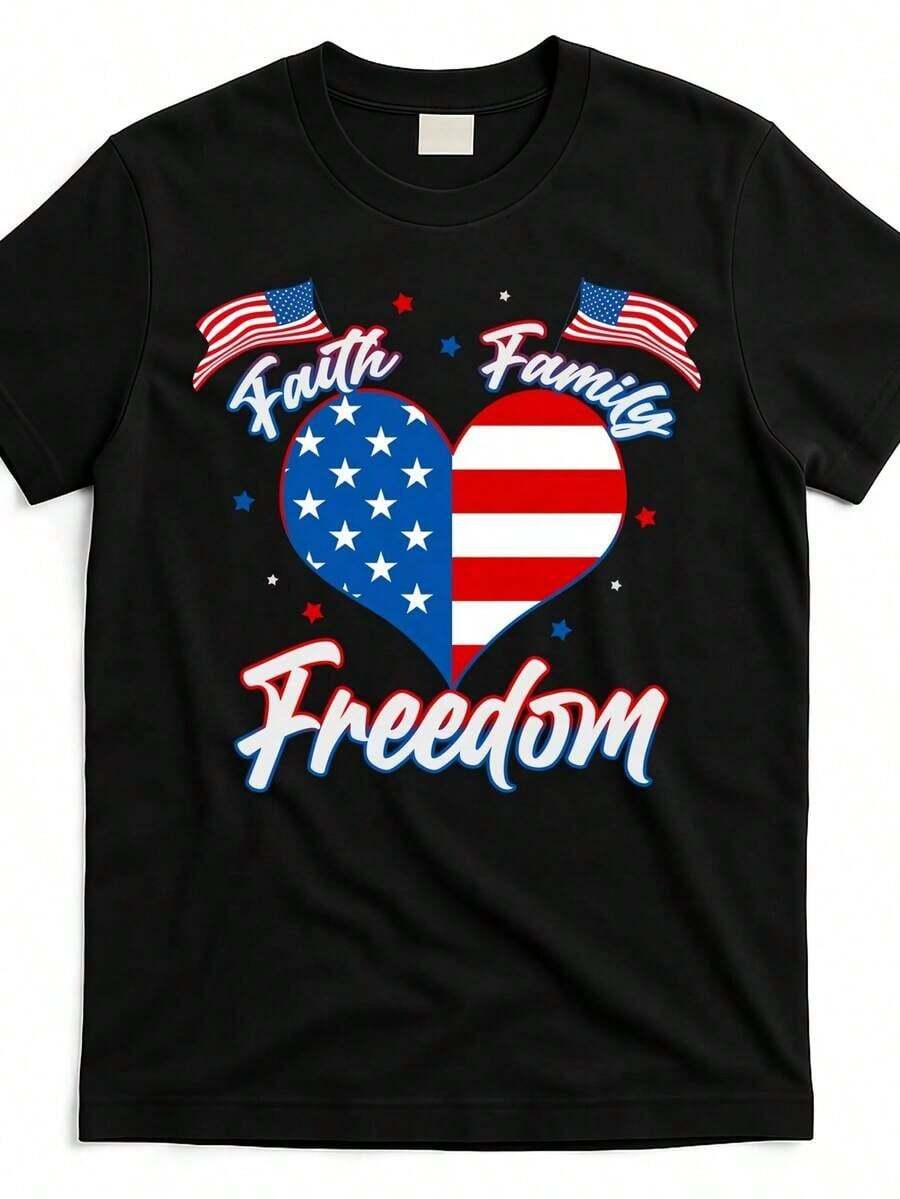 faith family freedom usa american flag heart t shirt fff532006 at black product imageCamia deptiva de suave, cte atlético, cuello redondo, cómoda para crer, entrenar, ropa de calle y atuendos casuales de diario. - Negro - Ver 1