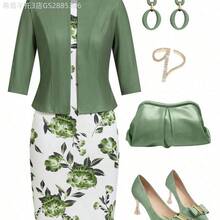 Yunuo Menswear  2 piezas - Vestido ajustado con estampado floral elegante y cárdigan de punto de manga media rosa para mujer, adecuado para citas, ir al trabajo, uso diario. Conjuntos de ropa verde para mujer, conjunto de vestido floral de color verde salvia, ropa de mujer para otoño, atuendos de maestra, conjuntos de salón para mujer, ropa de mujer para otoño - Verde Oscuro - Ver 2