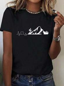 1 Women's Lightweight Cotton T-Shirt, Short Sleeve, Casual Design With Outdoor Adventure And Hiking Print, Elastic Round Neck, Comfortable For All Seasons, Washable, Accessory For Nature Lovers, Landscape Print T-Shirt, Non-Transparent Material For Daily Use. - 黑色 - 查看 7