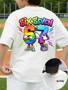 Basic Short-Sleeved T-Shirt For Pre-Teen Boys, Featuring A Cartoon-Style Slogan Graphic Print With The Number 67, In A Minimalist And Refreshing Style, Suitable For Casual Spring, Summer And Autumn Outfits - 藕粉色 - 查看 3