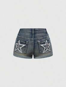 Shorts de mezclilla de talle bajo con un elegante estilo Y2K para mujer. - Celeste - Ver 5
