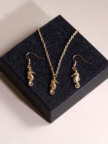 1 Set Minimalist Fashionable Seahorse Pendant Necklace & Earrings, Adjustable Chain Elegant Clavicle Necklace - Necklace Earrings - View 2