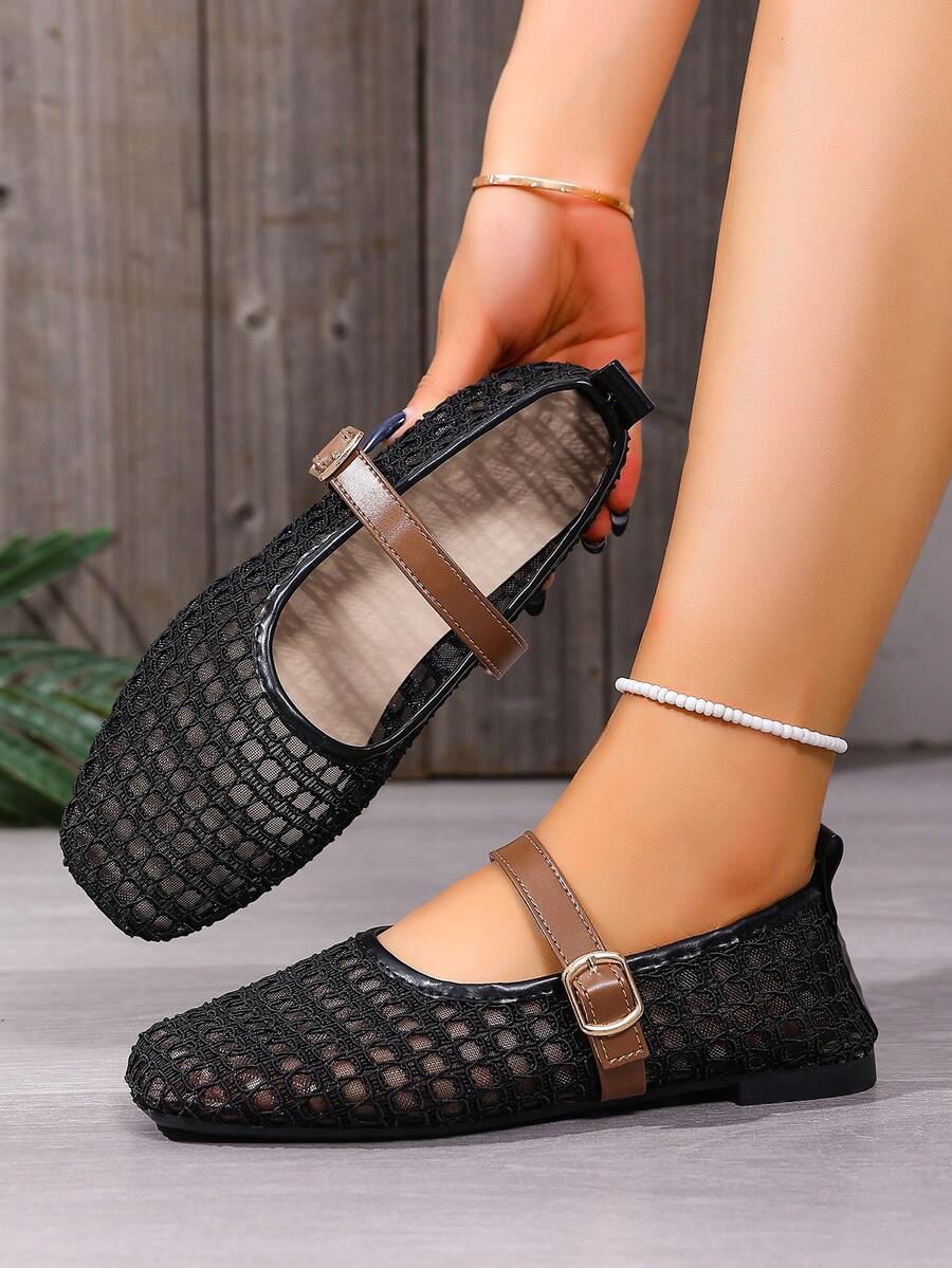 Giày bệt Mary Jane lưới dành cho nữ, khóa điều chỉnh và chất liệu lưới thoáng khí. - màu đen - Xem 1