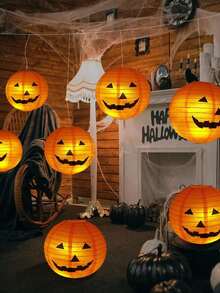 5/1pc Orange Paper Lanterns, Halloween Smiling Pumpkin Paper Lanterns, Halloween Pumpkin Paper Lantern Decorations Hanging Ornaments, Halloween Pumpkin Lantern Yard Decor, Halloween Party Indoor/Outdoor Hanging Decorations, Autumn Harvest Season Pumpkin Lantern Home Porch Decor Paper Lanterns - Multiple Styles - View 1