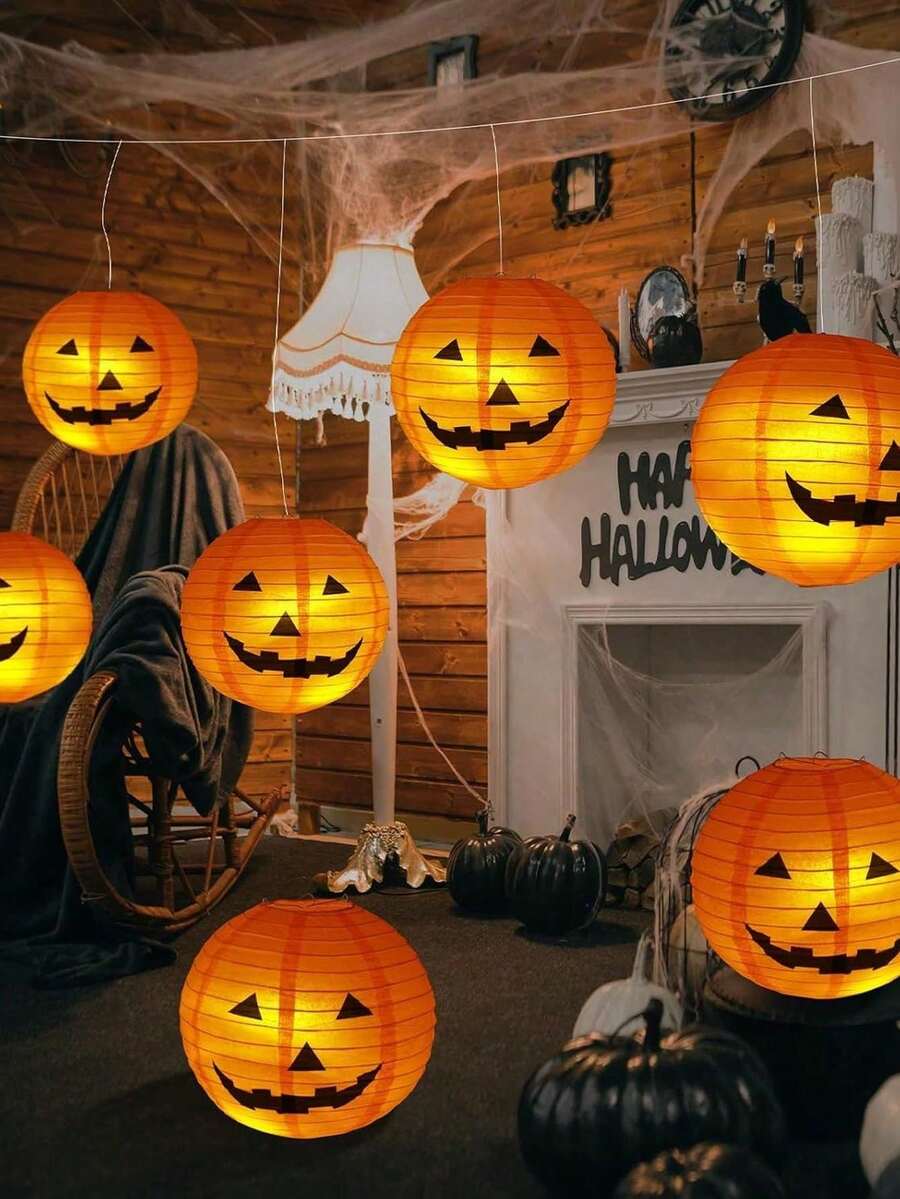 5/1pc Orange Paper Lanterns, Halloween Smiling Pumpkin Paper Lanterns, Halloween Pumpkin Paper Lantern Decorations Hanging Ornaments, Halloween Pumpkin Lantern Yard Decor, Halloween Party Indoor/Outdoor Hanging Decorations, Autumn Harvest Season Pumpkin Lantern Home Porch Decor Paper Lanterns - Multiple Styles - View 1