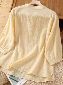 Top de manga corta con parches de encaje elegante, adecuado para vacaciones, uso diario y reuniones familiares, regalo de verano estilo chino para mamá - Amarillo - Ver 2