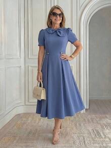 Vestido de fiesta y viaje de unicolor y plisado para mujeres de edad media y mayores - Azul - Ver 6