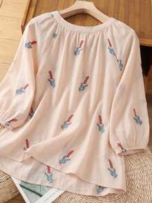 Blusa de gasa con estampado floral de verano para mamá, diseño con cuello de corbata y botones delanteros, adecuada para vacaciones, uso diario y reuniones familiares - Beis - Ver 2