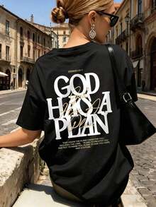 Women's Summer Letter Graphic Print T-Shirt, Casual, Loose, Versatile, Round Neck, Short Sleeve, Beige, Fashion Daily Wear - Back - View 4