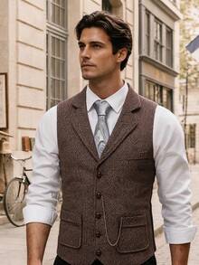Gilet en tweed en laine pour hommes, col à revers vintage avec décoration de chaîne, pour l'automne et l'hiver - Marron - Voir 1